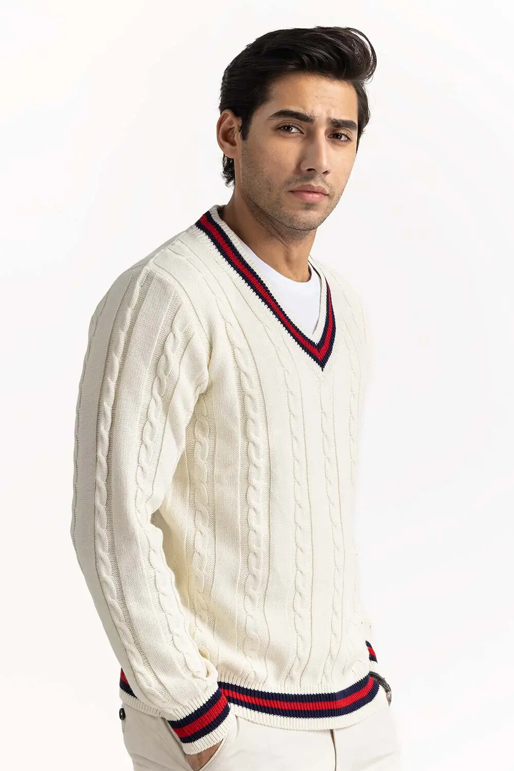 Unisex Men Women V Neck Adults Long Sleeve Stripe Cable Knitted Cricket