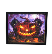 Halloween Diamond Painting Black Cats Pumpkin Framed 13.5 x 10.5 Sparkle Acrylic