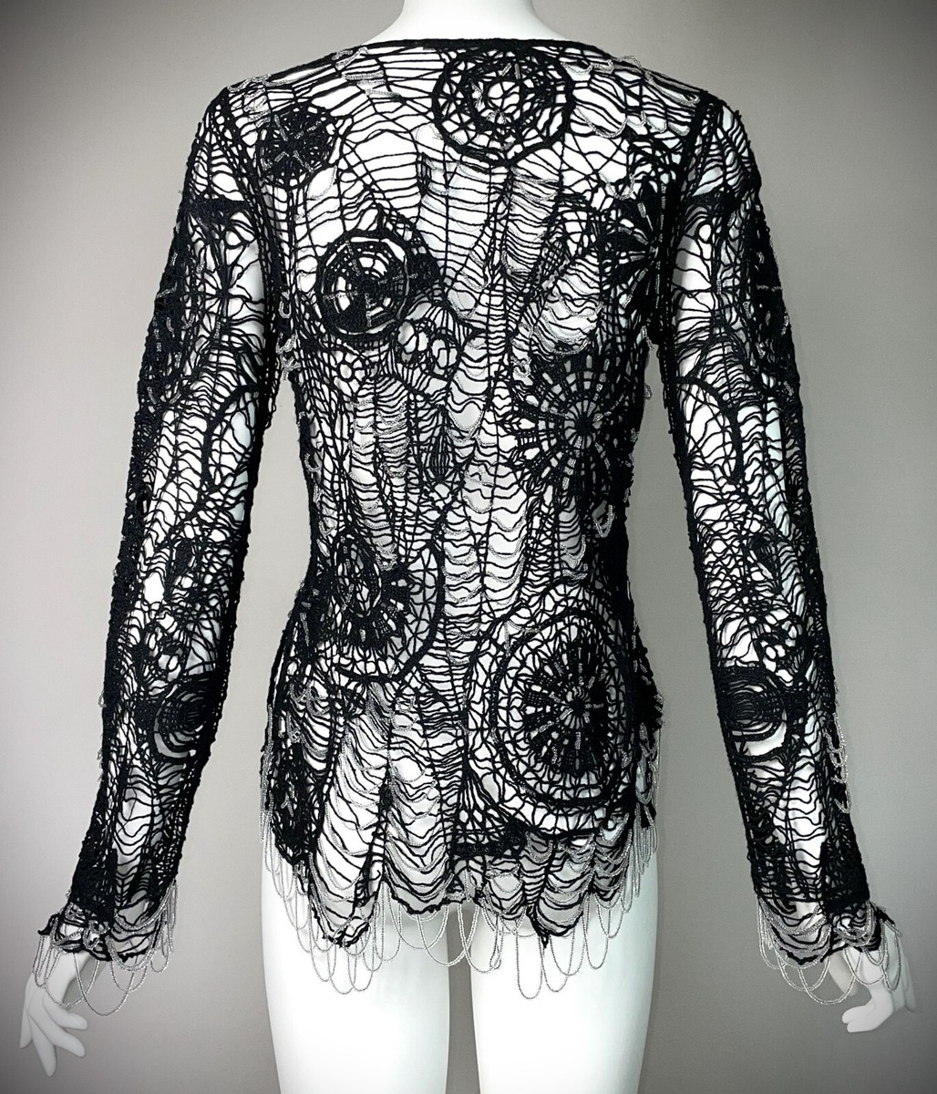 2000's Alexander McQueen Black Sheer Knit Spiderweb Beaded 2000's Alexander McQueen Black Sheer Knit Spiderweb Beaded