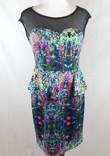 En Focus Studio Dress Sz 12 Floral Fitted Polyester Sweetheart Black Mesh Tea