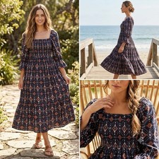 J.Gee Baby Blue Printed 100% Cotton Smocked Top Midi Dress Light Women Petite S