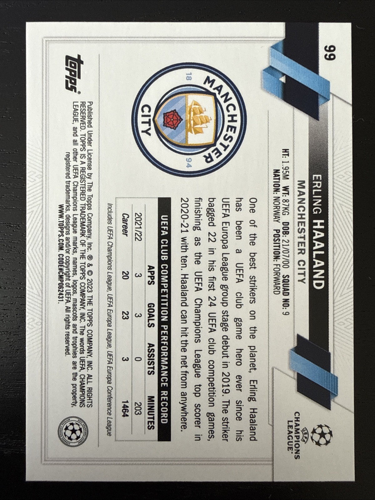 2022-23 Topps UEFA Club Competitions 1st Edition - Erling Haaland #99... view 2