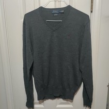 Polo Ralph Lauren Sweater Mens L Custom Fit Gray V Neck Merino Wool Pullover
