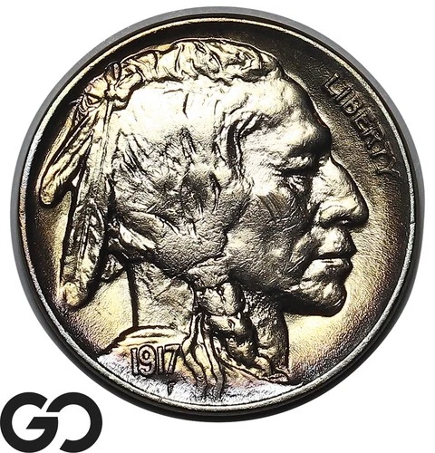 1917 Buffalo Nickel Beautiful Peripheral Color, Gem Unc+