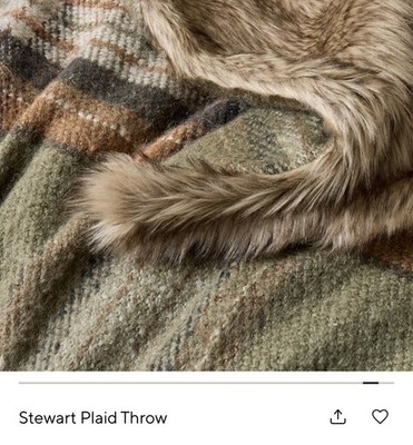 Pottery Barn Stewart Plaid Faux Fur Back Sofa Throw Blanket Loden 50x60