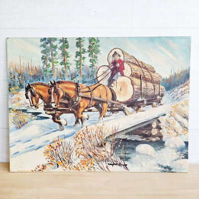 Original Eugene Hayes Oil Painting Sandpoint Idaho Winter Horse Logging Scene