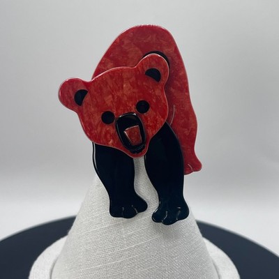 Lea Stein 1970's Paris France Bear Brooch Pin 3D Red Black Swirl Vintage