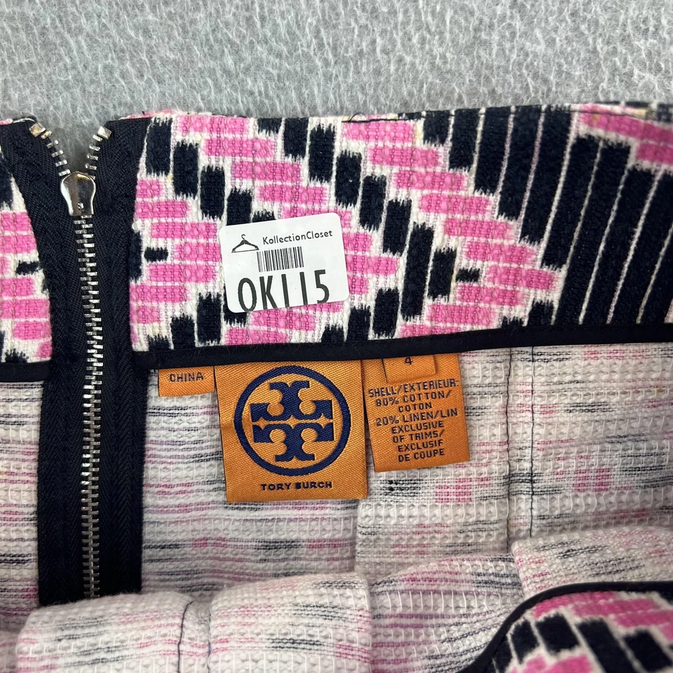 Falda Tory Burch Mujer 4 Rosa Negra Geométrica Línea A Algodón Lino Jacquard Foto 3 de 4