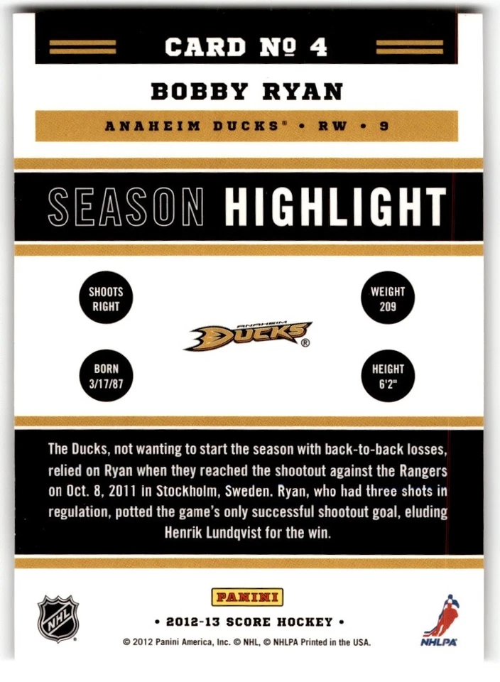 Bobby Ryan 2012-13 Score Gold Rush Highlight #4 Anaheim Ducks - Image 2 of 2