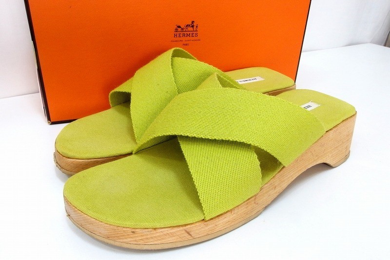 HERMES Four-Toe Canvas Cross Strap Sandals, Size 36, US6, Lime Green, Women's thumbnail 12