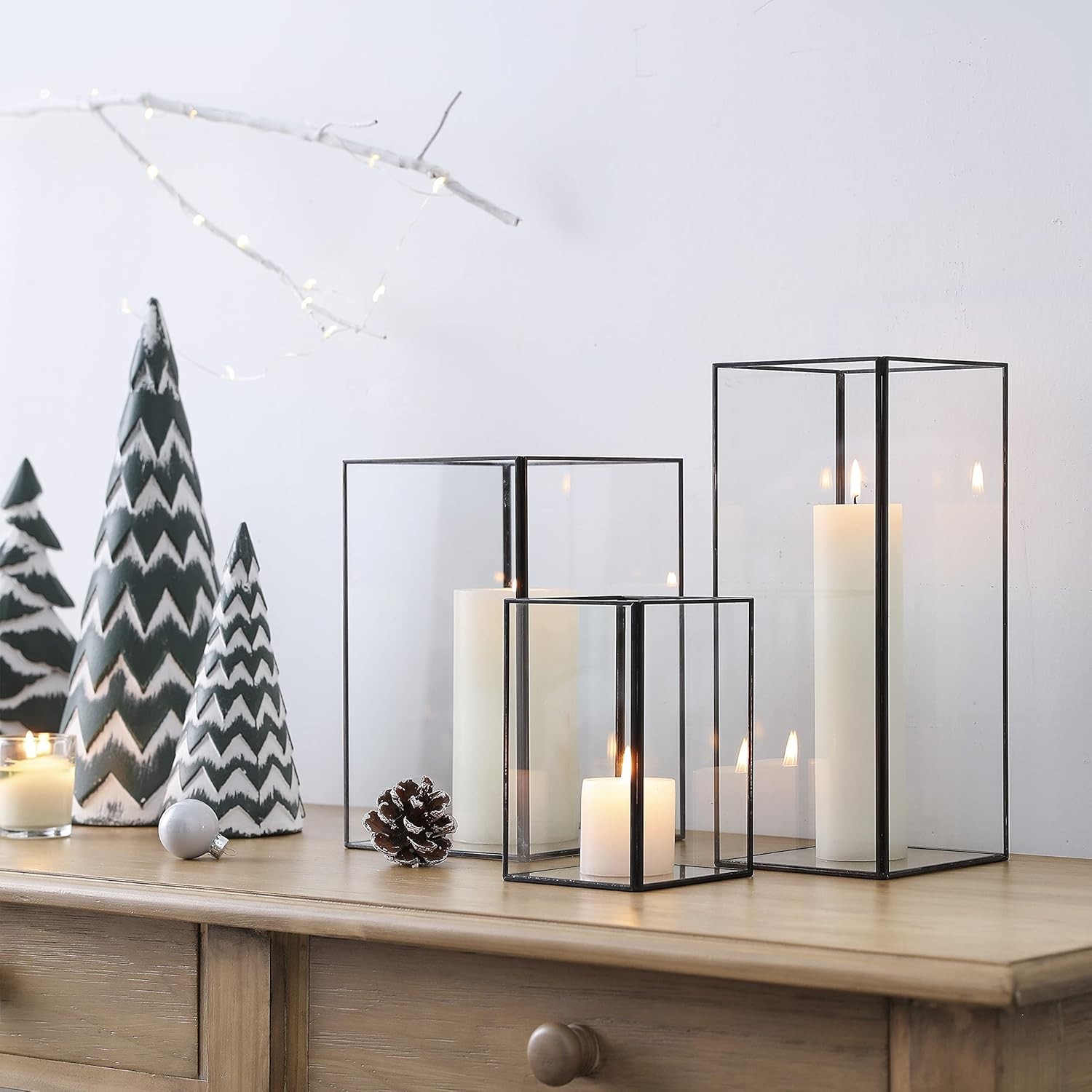 (Set of 3) Black Square Glass Hurricane Candle Holders, Clea