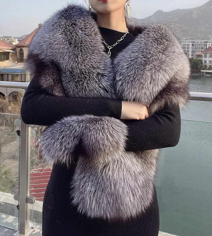 100% Real Fox Fur Capes /wrap Shawl 158*30 Cm Women's Scarf Black Stole
