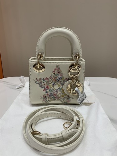 Dior Lady Dior Lucky Micro Ivory White Top Handle Crossbody  Floral Star AUTH