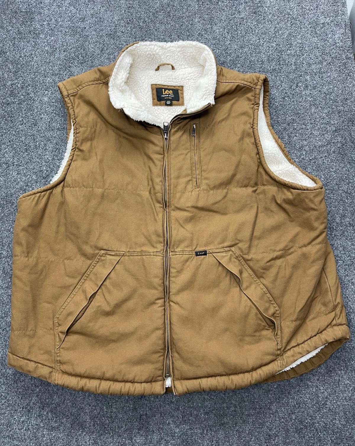 Lee Workwear Vest Mens Size XL Tobacco Brown Duck Canvas Sherpa Lining Zip Front