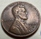 1945 S Lincoln Wheat Cent US Coin One 1c, San Francisco 9175N