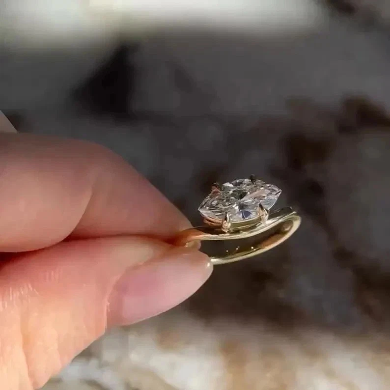 Vintage 1.50CT Marquise Moissanite East West Wedding Ring Solid 14k Yellow Gold - Image 4 of 4