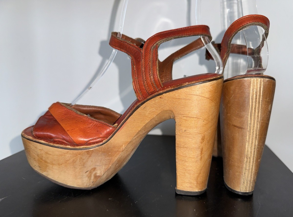 Vtg Size 5 70s Platform Wood Heel Sandals Shoes Disco Hippie