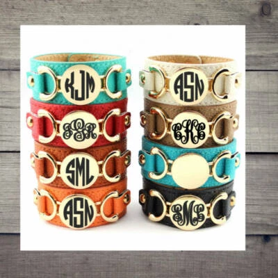 SCSASSYSOUTHERNBELLE Leather cuff bracelet with monogram - Gold or Silver tone - tons of great color