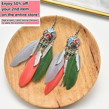 BOHO Feather Beaded Earrings Fringe Tassel Bohemian Ethnic Dangle Drop Handmade