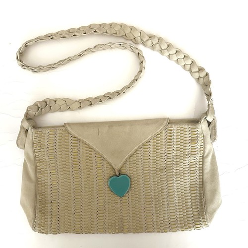 Emanual Ungaro Vintage Woven Beige suede bag with blue heart braided straps boho