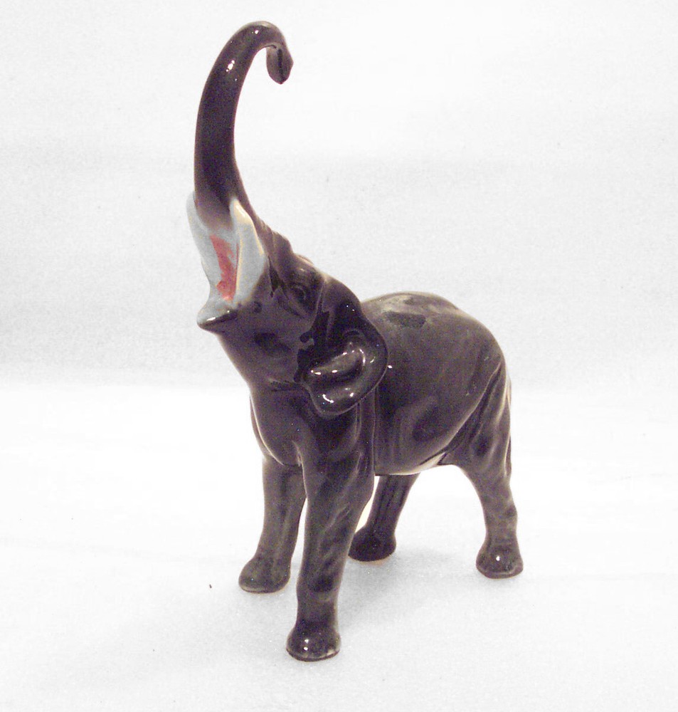 Elephant Figurine Dark Grey Ceramic Trunk Curled Up -Vint age!!!