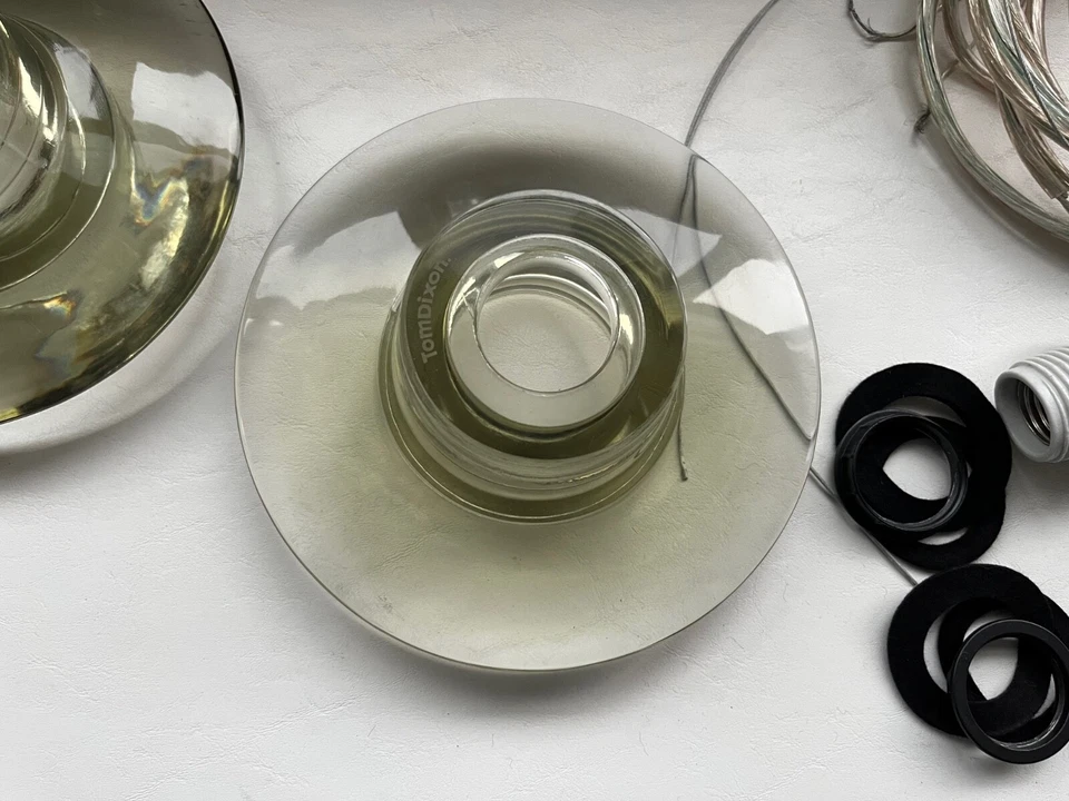 TOM DIXON PAIR OF SIGNED GREEN GLASS RIBBED TOM PENDANT LIGHTING FREE SHIPPING - Image 4 of 4