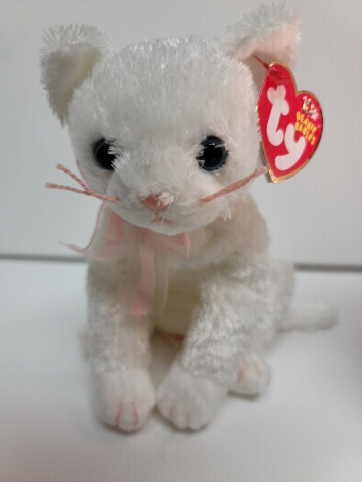 Ty Beanie Babies -New Fancy The White Cat--MWMT-Pink Ribbon&