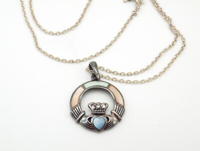 Sterling Silver Pendant Necklace Claddah Dyed Mother of Pearl Pink Blue Solvar