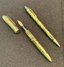 Pen Quill and Pencil Set (1930s ) - Skyline  Green Moire Stripe, 14k Fine Nib