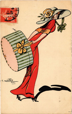 Carte Postale Vintage – Glamour Lady, Grand Chapeau, Signée Par L'artiste, Originale