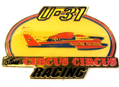 1990 CIRCUS CIRCUS U-31 outlined black half oval unlimited hydroplane tack pin