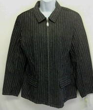 Lizwear Women's Denim Blazer Black White Pinstripe L/s Full Zip Jacket Nwt 10