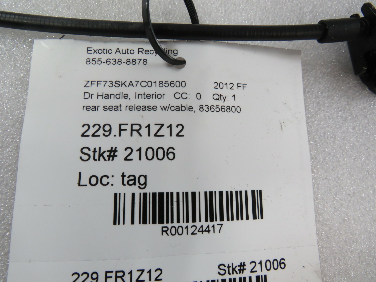 Ferrari FF, Rear Seat Release Handle w/Cable, Used, P/N 83656800