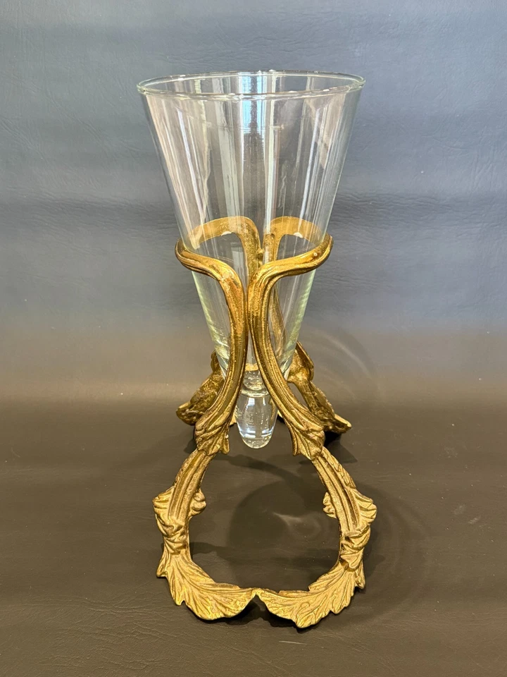 1990 Empergne Floating Glass Vase w/Ornate Gold Leaf Stand by Bombay, 12 1/4" T - Image 3 of 4