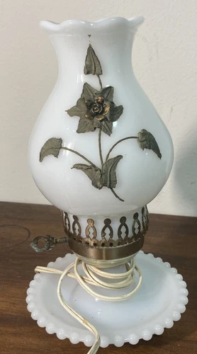 VTG Milk Glass Night Light Hurricane Electric  Lamp W/Enameled Flower ShadeWorks