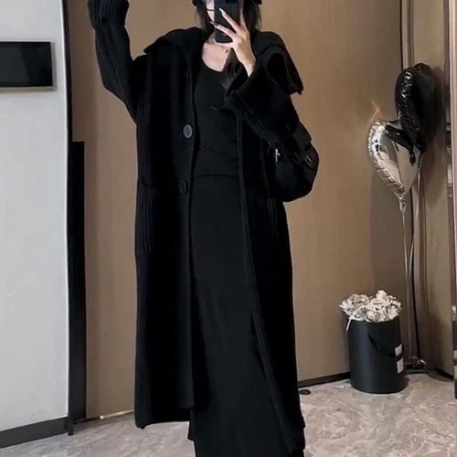 Cárdigan Coreano Suelto Solapa Tejido Medio Largo Nueva Chaqueta Mujeres Suéter Trench - Imagen 3 de 11