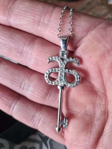 ARBONNE Skeleton Key to Success Necklace Silver Tone With Crystals 18” Chain - Picture 4 of 4