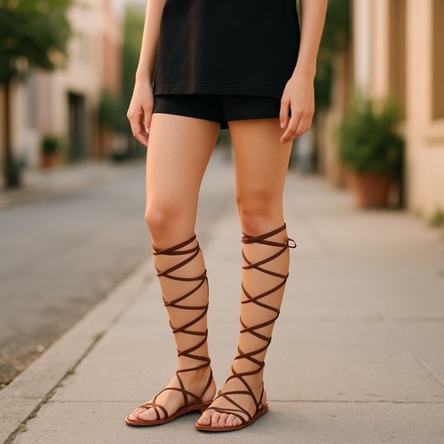 Call It Spring Brown Gladiator Knee-High Lace-Up Sandals SZ 9 Zip Back Coachella