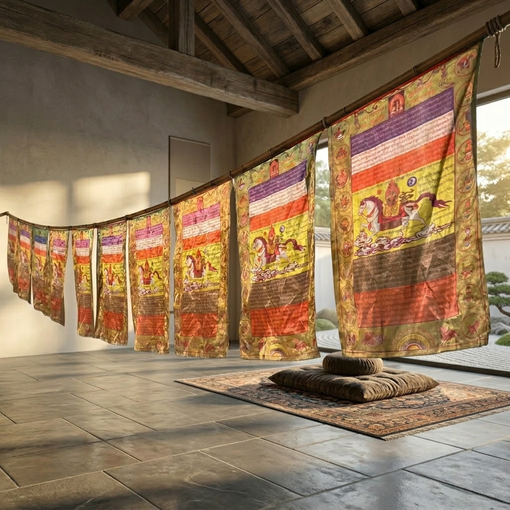 Enormes banderas de oración de caballo de viento Lungta tibetano de 13,5 pies - Auténtico arte de estandarte de templo