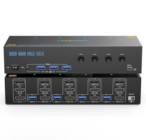 KVM Switch 3 Monitors 4 Computers 4K@60Hz, 2 HDMI and Displayport KVM Switch