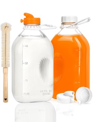 2QT Heavy Duty Glass Milk Bottle with Lid,2Pack 64oz Glass Milk Jug with Reus...