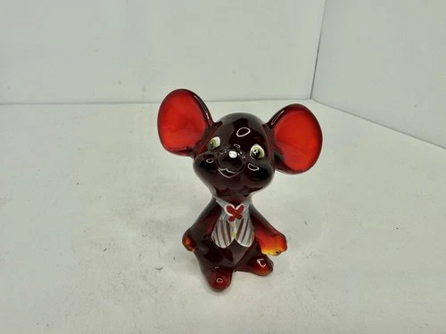 Vintage Fenton Glass Mouse Figurine Ruby Red  Handpainted Signed With Label