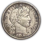 1907 Barber Silver Dime Almost Uncirculated AU Coin, Harshly Cleaned #24696