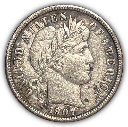 1907 Barber Silver Dime Almost Uncirculated AU Coin, Harshly Cleaned #24696