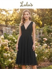 Lulu's Black V-Neck Pleated Waist Midi Dress
