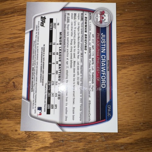 JUSTIN CRAWFORD 2023 BOWMAN CHROME #CPA-JC 1ST PROSPECT AUTO REFRACTOR /499 SP - Picture 4 of 4