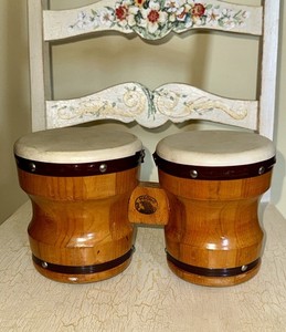 Vintage 1970’s Wooden 4.5” X 5” Head Percussion Bongo Drums - Made in Mexico
