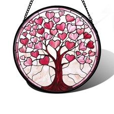 Stained Glass Window Hanging, Pink Love Heart Tree Suncatcher Hangings Beige ...