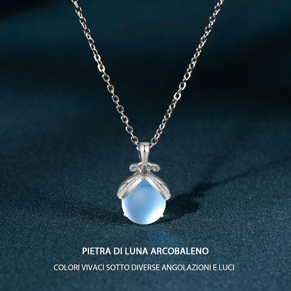Collana Pianeta Luna Con Pietra Di Luna Finta E Zirconi - Ciondolo In Rame Placcato Oro Bianco - Regalo Per Mamma E Figlia