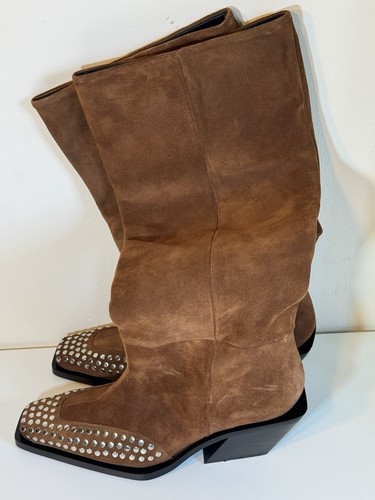 Cassie premium suede western knee boots with stud detail in chocolate brown - Picture 6 of 13